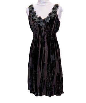 Vtg Whimsigoth Black Velvet Burnout Midi Dress Embroidered Vintage Medium